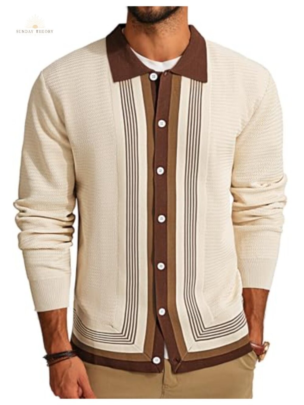 Mens Button Down Polo Sweater Striped Cardigan Knit Classic Fit